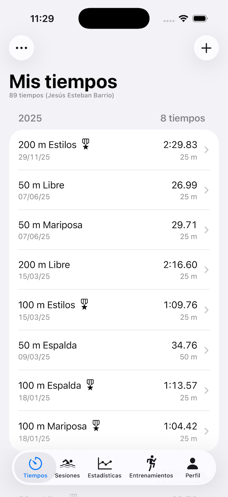 Interfaz de la App SwimTimes